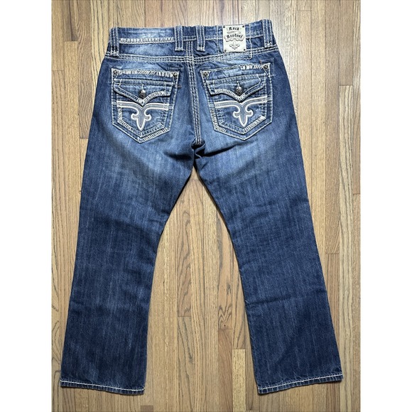 ROCK REVIVAL TIMOTHY Boot Distressed Denim Jeans Men's SZ 33x32 Thick Stitch